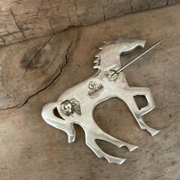 Zuni Inlay Horse Pin Brooch Tiger Eye, Onyx, Jasper, Sterling Silver - Picture 4 of 13